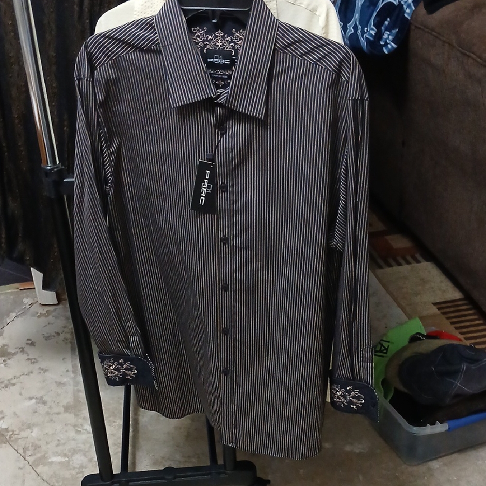 Black and Tan Casual Button Down Shirt with Pinstripe And Embroidered Cuffs